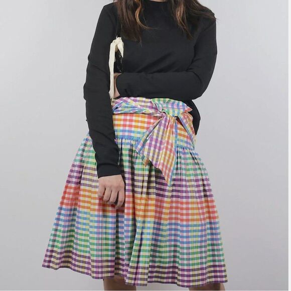 NWT J Crew Sz 0 Bow Tie Front Coquette Preppy Midi Full Skirt Gingham High Wait - Picture 1 of 16